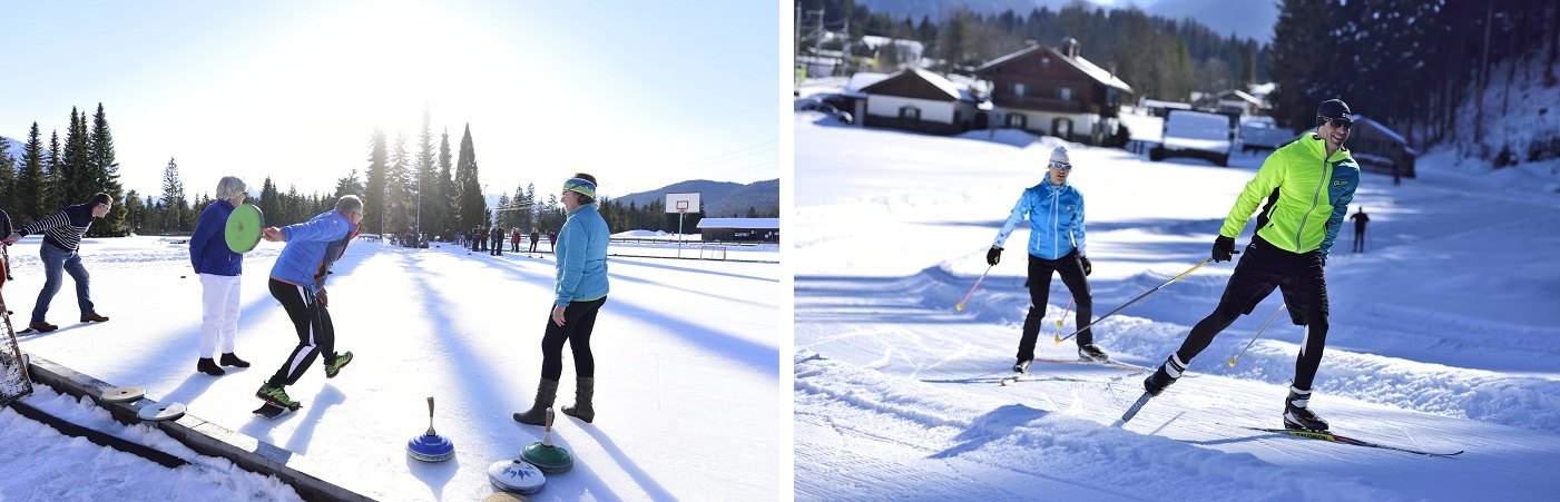 Wintersport Eisstockschiessen Langlaufen Skaten Alpenwelt Karwendel